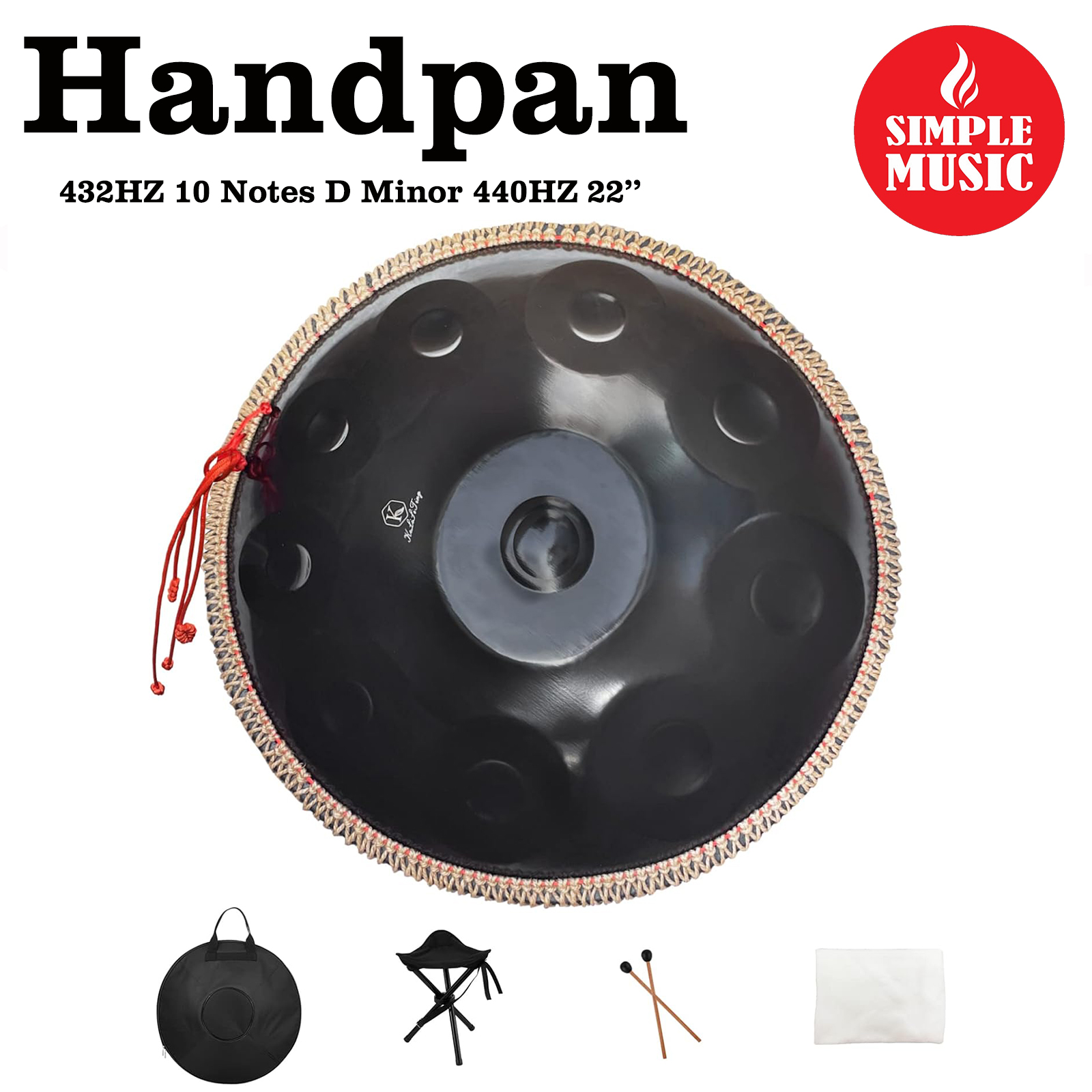 Handpan Drum 432HZ,10 Sounds 22'' D Minor  Steel Percussion Instrument for Adults, Classic Black